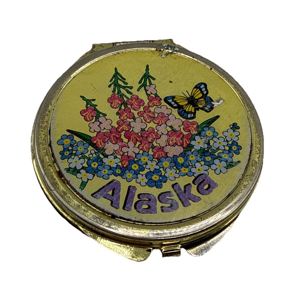 Vintage metal makeup mirror‎ compact "Alaska" flowers and butterfly